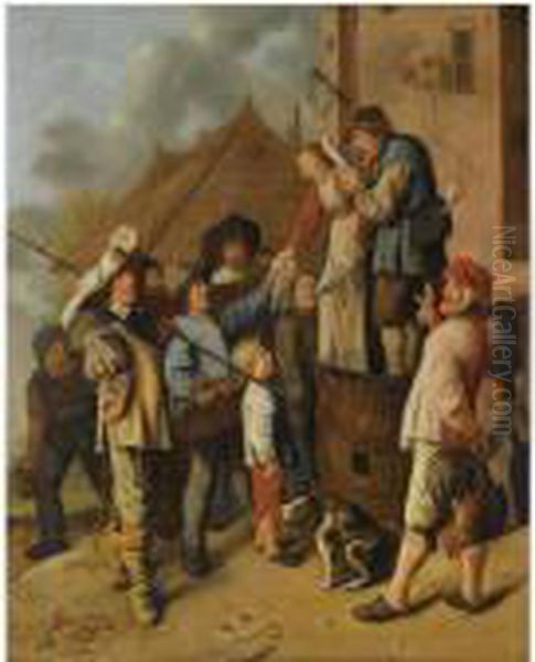 A Man And A Woman Standing On 
Barrels Reading A Newspaper Out Loud,surrounded By A Group Of Figures, 
Outside A Tavern - view 1