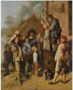 A Man And A Woman Standing On 
Barrels Reading A Newspaper Out Loud,surrounded By A Group Of Figures, 
Outside A Tavern by Jan Miense Molenaer