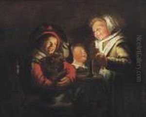 Two Girls And A Boy With A Dog By Candle Light by Jan Miense Molenaer