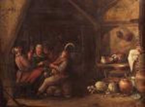 Kitchen Interior With A Group Of Revellers Seated Around A Table