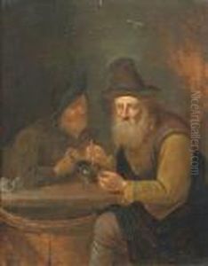 Two Men Spooning Soup. Oil/oak