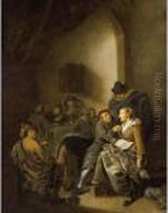 An Amorous Couple In An Inn With
Other Figures Drinking And Playing Cards In The Background by Jan Miense Molenaer