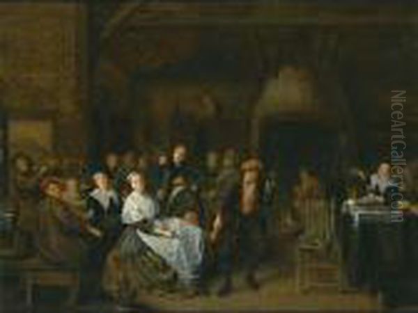 Peasants In An Inn Drinking, Eating And Playing Music, With A Couple Playing Slap Feet - view 1