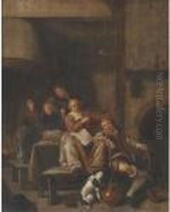 A Tavern Interior With A Peasant Woman Playing The Violin And Other Peasants Singing by Jan Miense Molenaer