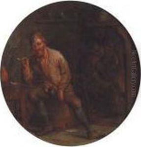 A Boor Smoking A Pipe In An Interior, A Peasant By A Fireplacebeyond