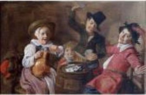 Children Playing Cards Around A Barrel