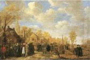 A Village Landscape With Crowds Gathering Around Quack Doctors by Jan Miense Molenaer