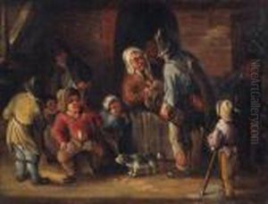 A Hurdy-gurdy Player Conversing With Peasants Outside Acottage