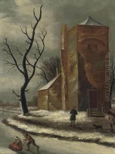 A Winter Landscape With Figures On A Frozen River Beside A Church by Claes Molenaar (see Molenaer)