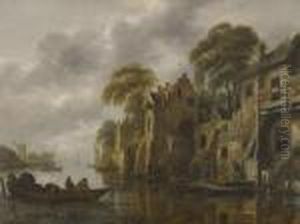 A River Landscape With Fishermen Loading Their Nets Beside A Town A River Landscape With Fishermen Loading Their Nets Beside A Town