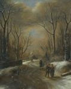 A Wooded Winter Landscape With Figures Walking Along A Path, A Church Steeple Beyond