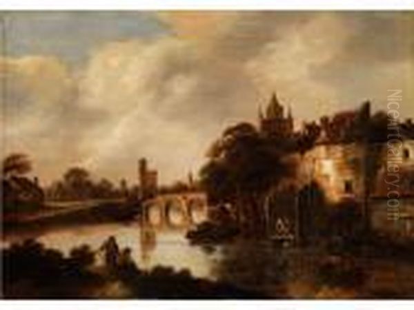 Flusslandschaft Mit Rechts Erhohtstehender Stadt Und Stadtmauer Am Ufer - view 1