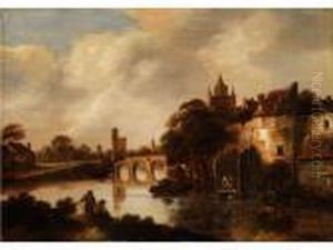 Flusslandschaft Mit Rechts Erhohtstehender Stadt Und Stadtmauer Am Ufer
