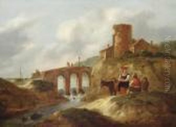 An Italianate Landscape With Travellers Resting Near A Bridge - view 1