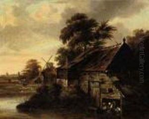 A Town View With Women Washing Clothes At A River