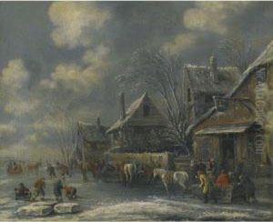 A Frozen River Landscape With
Children Playing On The Ice Andfigures Gathered Outside The Swan Inn by Claes Molenaar (see Molenaer)
