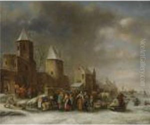 A Winter Landscape With Figures On A Frozen River Outside The Wallsof A Town A Winter Landscape With Figures On A Frozen River Outside The Wallsof A Town