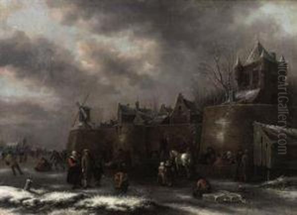 A Winter Landscape With Figures
Skating And Sleighing On A Frozenmoat Outside A Fortified Town - view 1