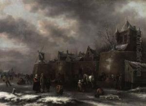 A Winter Landscape With Figures 
Skating And Sleighing On A Frozenmoat Outside A Fortified Town by Claes Molenaar (see Molenaer)