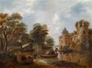 Flusslandschaft Mit Fischern Vor Einer Burgruine