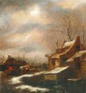 Scene De Village Sous La Neige Animee De Personnages by Claes Molenaar (see Molenaer)