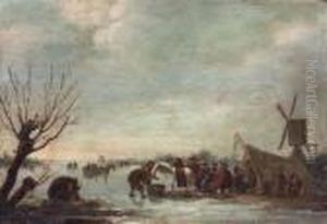 A Winter Landscape With Figures On A Frozen Lake
