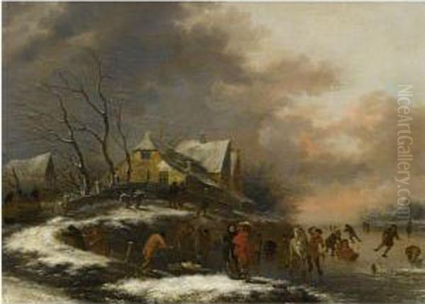 A Winter Landscape With Figures Skating On A Frozen River By Avillage - view 1