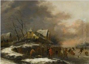 A Winter Landscape With Figures Skating On A Frozen River By Avillage by Claes Molenaar (see Molenaer)
