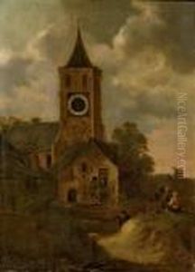 Paysans Autour D'une Eglise by Claes Molenaar (see Molenaer)
