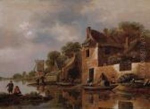 Paesaggio Di Un Canale Olandese Con Battellieri Su Una Barca E Un Villaggio