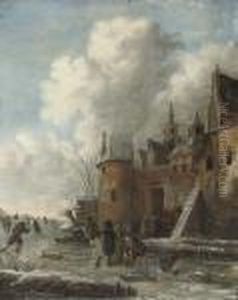 A Winter Landscape With Figures Skating And Sleighing Near A Village
