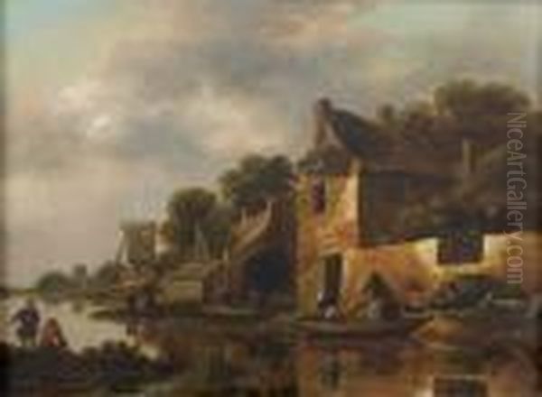 Paysans En Barque Dans Un Village - view 1