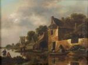 Paysans En Barque Dans Un Village by Claes Molenaar (see Molenaer)