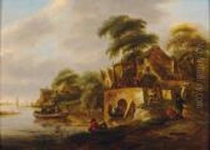 Pecheurs Pres De La Riviere Et D'une Chaumiere