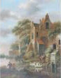 Personnages En Conversation Devant Un Cottage En Bord De Riviere