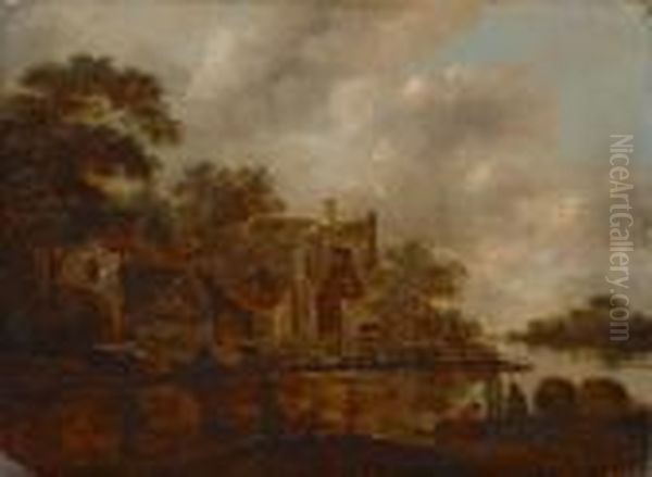 Flusslandschaft Mit Hausern Und Staffagefiguren - view 1