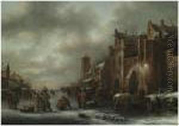 A Winter Landscape With Numerous Figures On A Frozen River Outsidethe Town Walls - view 1