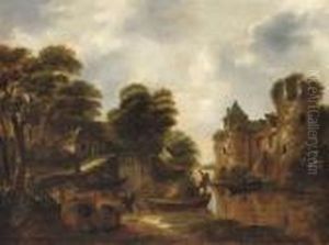 A Wooded River Landscape With Figures Bringing Baskets Across A Stream