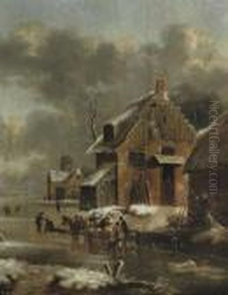 A Winter Landscape With A Horse-drawn Sleigh And Figures by Claes Molenaar (see Molenaer)