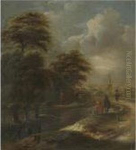A River Landscape With Figures Fishing Beside A Path by Claes Molenaar (see Molenaer)
