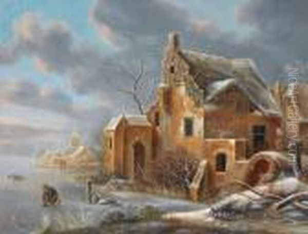 Winterlandschaft Mit Schlittschuhlaufern Vor Einem Dorf - view 1