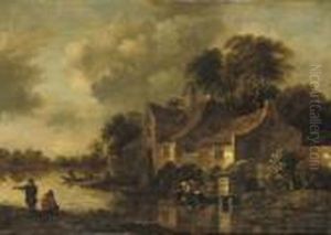 A Wooded River Landscape With A Washerwoman And Fishermen Near Afarmsted by Claes Molenaar (see Molenaer)