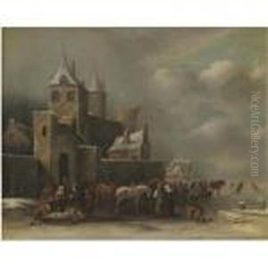 A Winter Landscape With Figures Conversing Outside A Village by Claes Molenaar (see Molenaer)