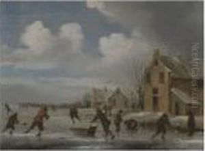A Winter Landscape With Skaters On A Frozen Lake by Claes Molenaar (see Molenaer)