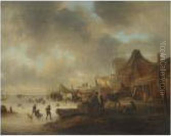 A Winter Landscape With Children
Playing On A Frozen River And Travellers Resting With Their Horses - view 1