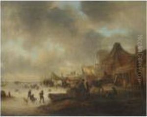 A Winter Landscape With Children
Playing On A Frozen River And Travellers Resting With Their Horses by Claes Molenaar (see Molenaer)