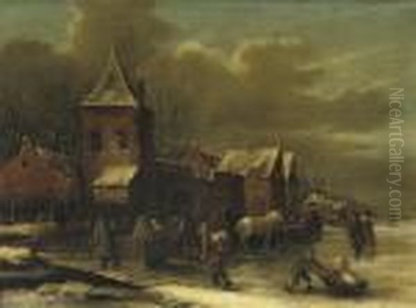 A Winter Landscape With Figures On A Frozen Canal On The Outskirts Of A Town - view 1