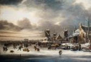 Paesaggio Invernale Con Villaggio Sulle Sponde Di Un Fiume E Pattinatori by Claes Molenaar (see Molenaer)