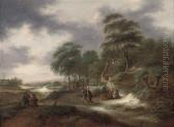 A Wooded Landscape With Figures On A Track By A House - view 1