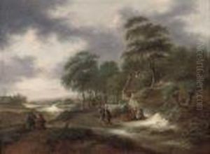 A Wooded Landscape With Figures On A Track By A House by Claes Molenaar (see Molenaer)